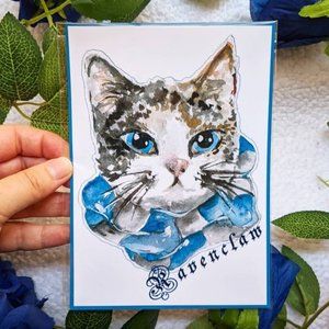 Ravenclaw Harry Potter Cat Art Print, Kitty Watercolor Cute Hand-painted Drawing